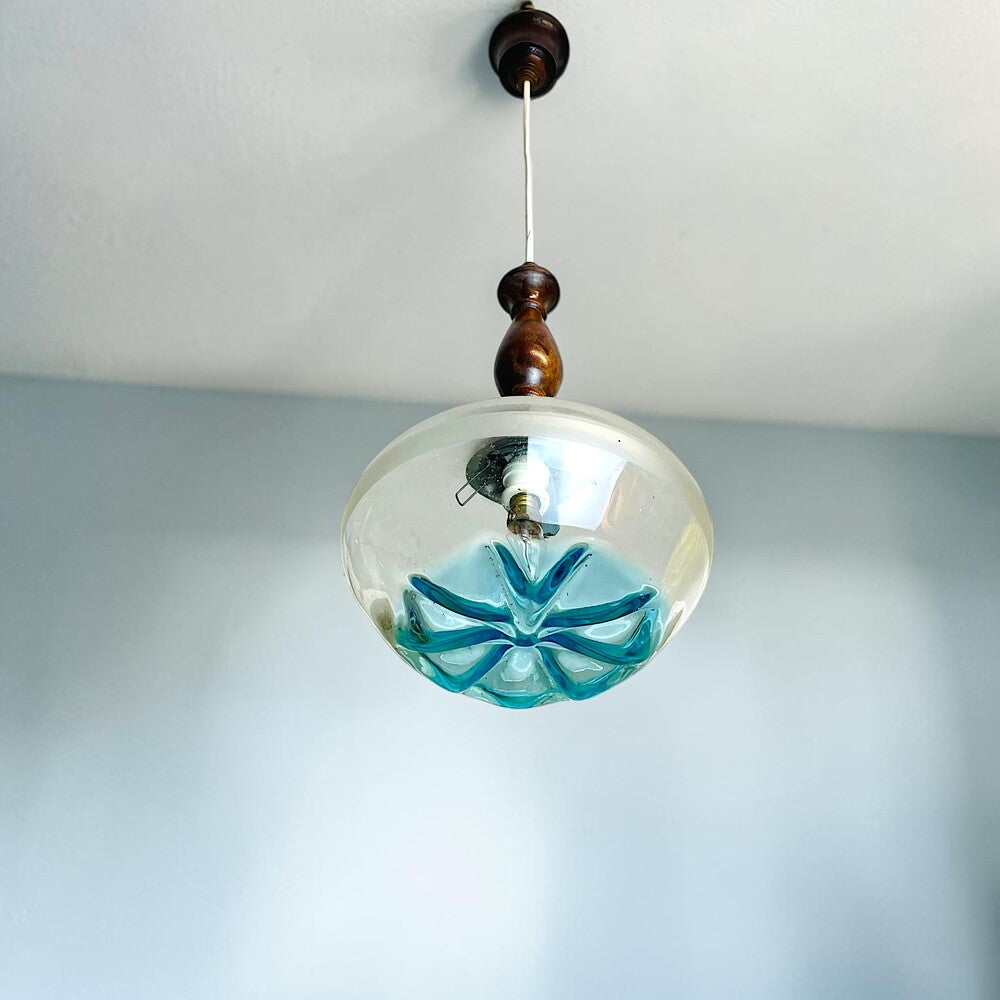 Mid Century Modern Teak & Art Glass Light