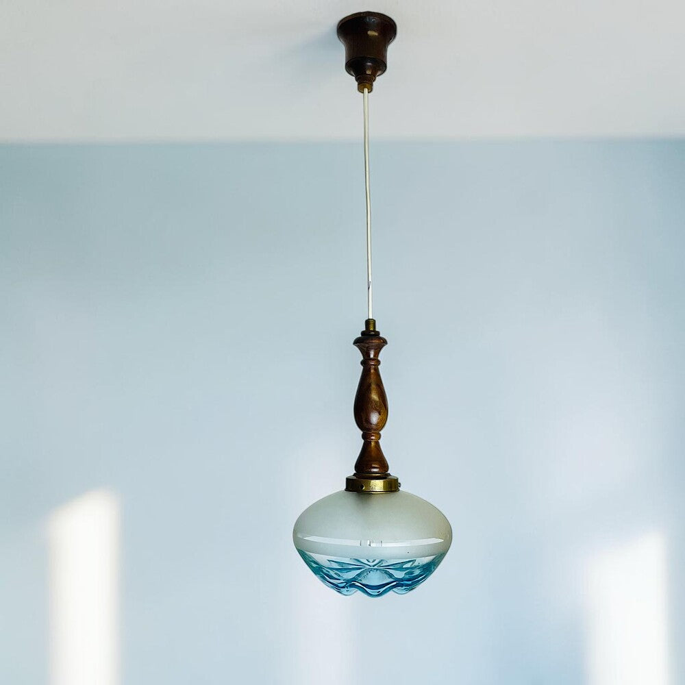 Mid Century Modern Teak & Art Glass Light